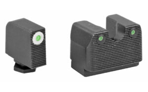 Black handgun front and rear sights with green dots