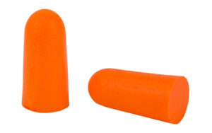 Two orange foam earplugs on white background