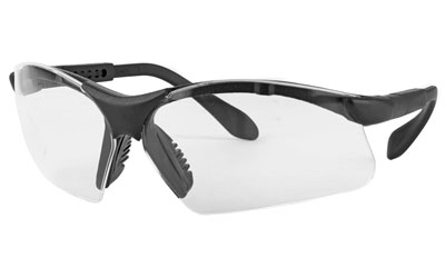 Black wraparound safety glasses with clear lenses