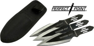 Three throwing knives with sheath and logo.