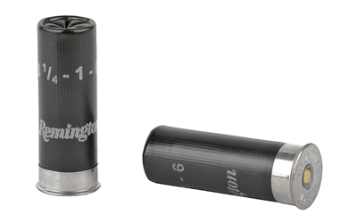 Two black Remington shotgun shells on white background
