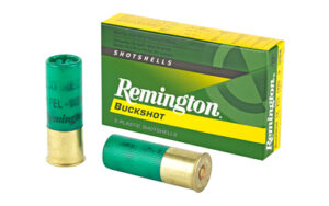 Remington Buckshot shotshell box and green shotgun shell