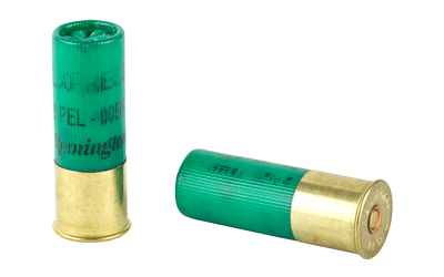 Two green shotgun shells with brass bases