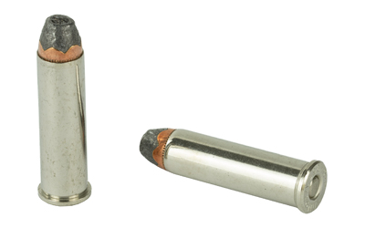 Two metallic handgun cartridges with copper tips