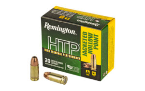Remington HTP jacketed hollow point ammunition box and cartridges