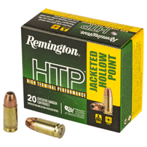 Remington HTP jacketed hollow point ammunition box and cartridges