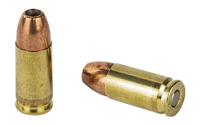 Two brass handgun cartridges on white background