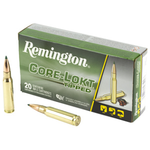 Remington Core-Lokt Tipped rifle ammunition box and cartridges