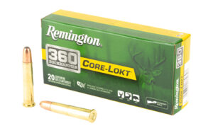 Remington Core-Lokt 360 Buckhammer ammunition box and cartridges