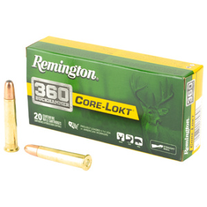 Remington Core-Lokt 360 Buckhammer ammunition box and cartridges