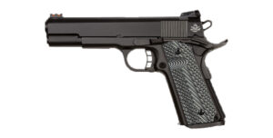 Black semi-automatic pistol on white background