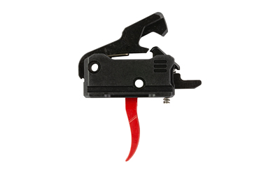 Black firearm trigger assembly with red trigger