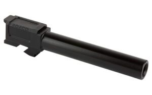 Black pistol suppressor attached to barrel