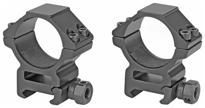Black metal scope rings for mounting optics.