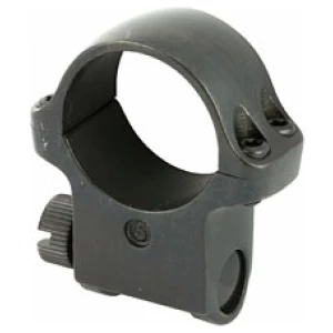 Black metal scope mounting ring for rifles.