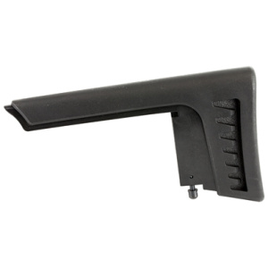 Black plastic adjustable gun stock with ridged design.