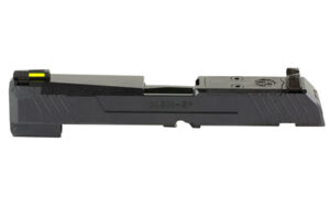Black pistol slide with mounted optic sight