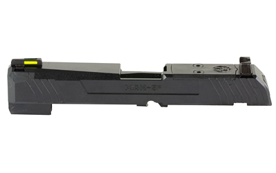 Black pistol slide with mounted optic sight