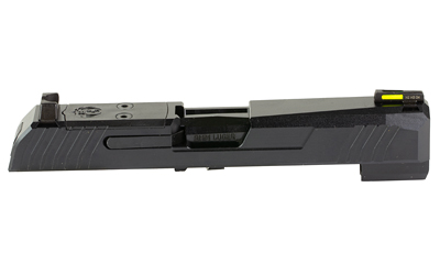 Black pistol slide with rear sight