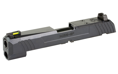 Black pistol slide with green front sight