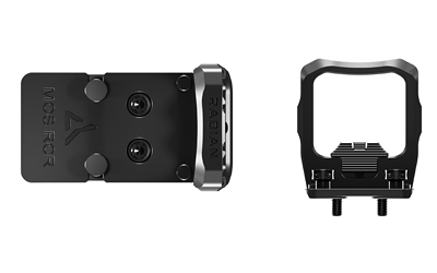 Black metal optic mount bracket, two views