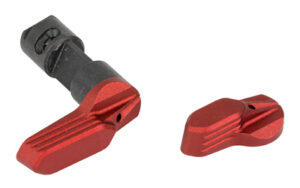 Red metal lever components on white background
