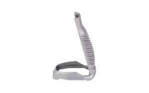 Ergonomic gray vegetable peeler on white background
