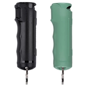 Black and green pepper spray canisters with keychain.