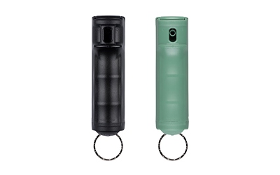 Black and green pepper spray canisters with key rings.
