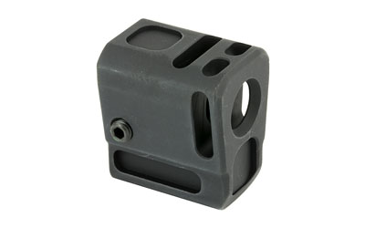 Black metal cube muzzle brake component