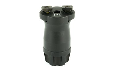 Black cylindrical metal muzzle device with screws