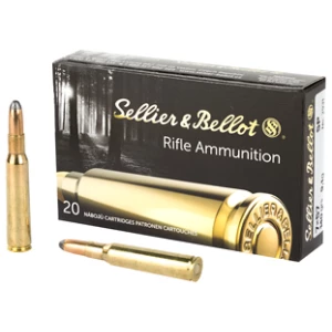 Sellier & Bellot rifle ammunition with bullets displayed.