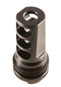 Black metal muzzle brake, ventilated holes