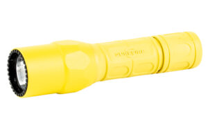 Yellow handheld flashlight on white background
