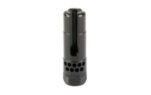 Black cylindrical metal muzzle device