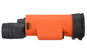 Orange spotting scope with black eyepiece and objective lens.