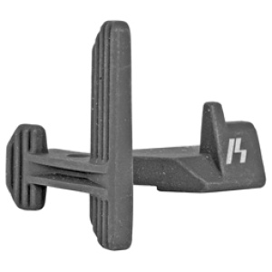 Black polymer gun sight on white background