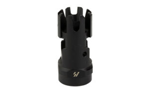 Black metal muzzle brake with pronged top