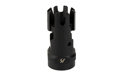 Black metal muzzle brake with pronged top