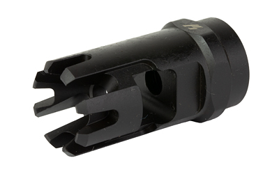Black metal muzzle brake on white background