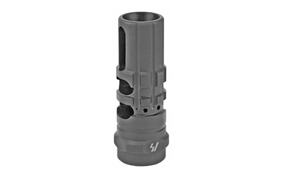 Gray metal muzzle device component on white background