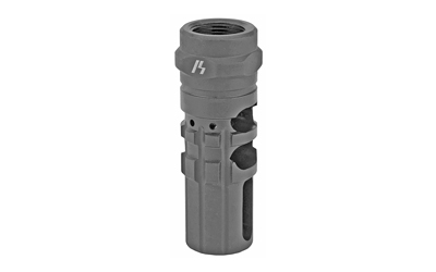 Gray cylindrical metal firearm muzzle device component