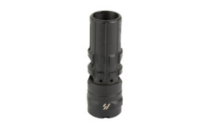 Black cylindrical metal firearm muzzle device