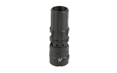 Black cylindrical metal firearm muzzle device
