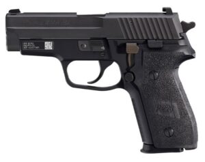 Black handgun side view with textured grip.
