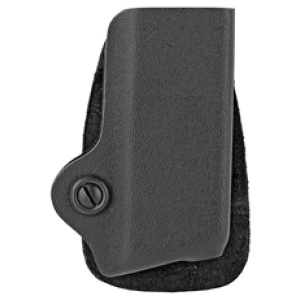 Black leather gun holster on white background.