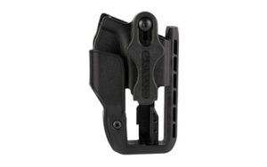 Black polymer handgun holster with belt attachment