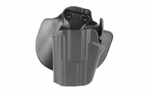 Black polymer pistol holster with retention screws