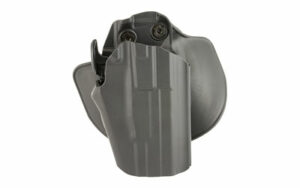 Gray molded handgun holster on white background
