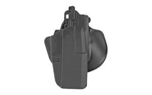 Black handgun in molded polymer holster
